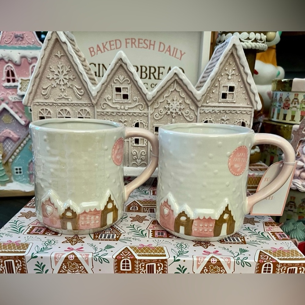 2 New Christmas Holiday Pink Gingerbread Village Double Sided Mugs